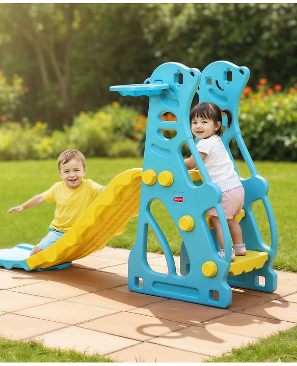 Babyhug 2-in-1 Penguine Slide With Basketball Hoop - Yellow & Blue| Smooth Slide Slide with Extended Landing| Indoor & Outdoor Active Play| Improves Motor Skills, Balance & Coordination| BIS Certified