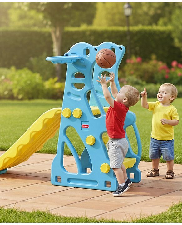 Babyhug 2-in-1 Penguine Slide With Basketball Hoop - Yellow & Blue| Smooth Slide Slide with Extended Landing| Indoor & Outdoor Active Play| Improves Motor Skills, Balance & Coordination| BIS Certified