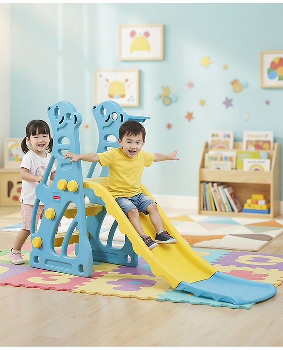 Babyhug 2-in-1 Penguine Slide With Basketball Hoop - Yellow & Blue| Smooth Slide Slide with Extended Landing| Indoor & Outdoor Active Play| Improves Motor Skills, Balance & Coordination| BIS Certified