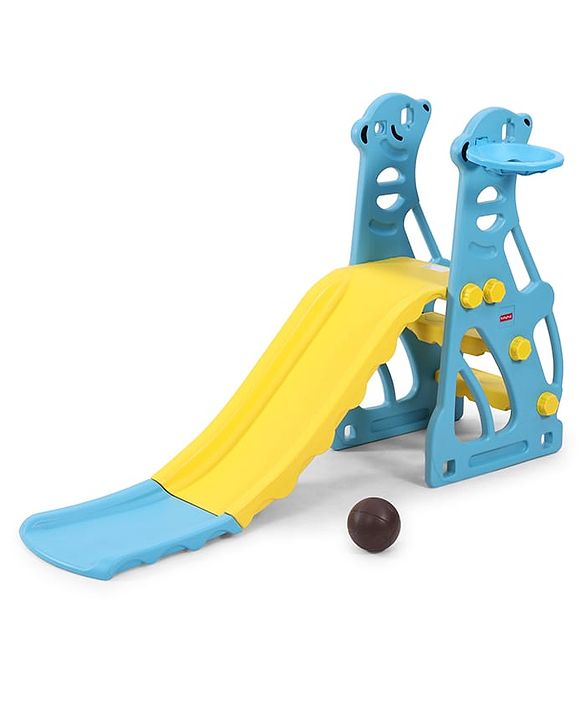 Babyhug 2-in-1 Penguine Slide With Basketball Hoop - Yellow & Blue| Smooth Slide Slide with Extended Landing| Indoor & Outdoor Active Play| Improves Motor Skills, Balance & Coordination| BIS Certified