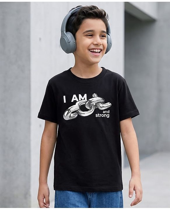 Pine Kids Cotton Knit T-Shirt Round Neck Half Sleeves Graphic Jet Jet Black 4-5 Years