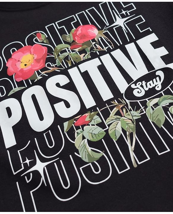 Pine Kids 100% Cotton Knit Half Sleeves Floral & Text Printed T-Shirt - Black