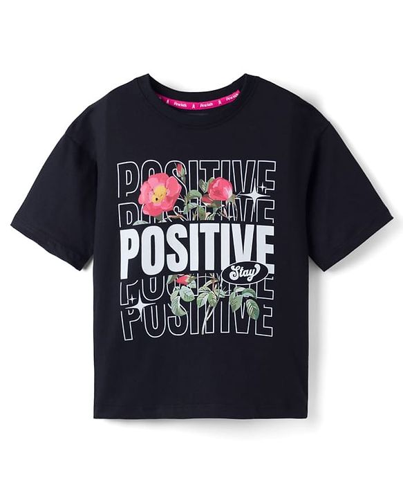 Pine Kids 100% Cotton Knit Half Sleeves Floral & Text Printed T-Shirt - Black