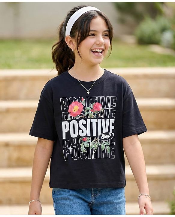 Pine Kids 100% Cotton Knit Half Sleeves Floral & Text Printed T-Shirt - Black