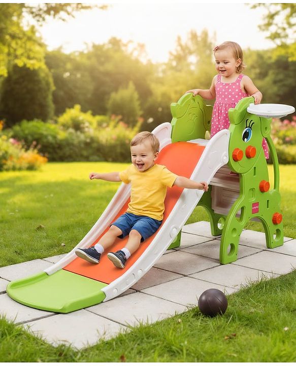 Babyhug 2-in-1 Penguine Slide With Basketball Hoop - Yellow & Blue| Smooth Slide Slide with Extended Landing| Indoor & Outdoor Active Play| Improves Motor Skills, Balance & Coordination| BIS Certified