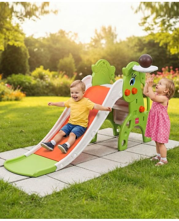 Babyhug 2-in-1 Penguine Slide With Basketball Hoop - Yellow & Blue| Smooth Slide Slide with Extended Landing| Indoor & Outdoor Active Play| Improves Motor Skills, Balance & Coordination| BIS Certified