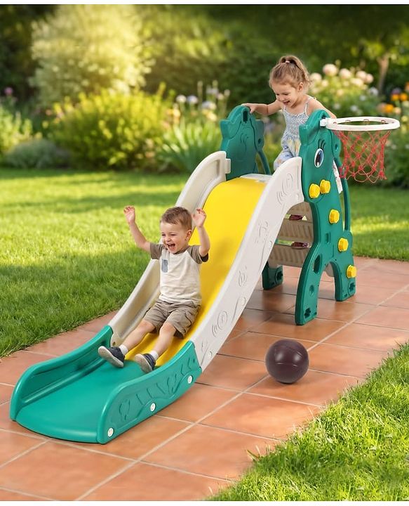 Babyhug 2-in-1 Penguine Slide With Basketball Hoop - Yellow & Blue| Smooth Slide Slide with Extended Landing| Indoor & Outdoor Active Play| Improves Motor Skills, Balance & Coordination| BIS Certified