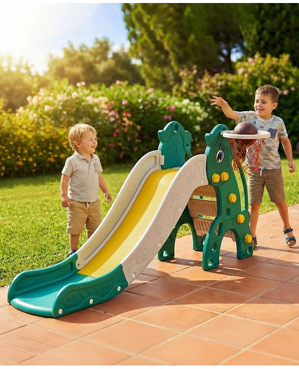 Babyhug 2-in-1 Penguine Slide With Basketball Hoop - Yellow & Blue| Smooth Slide Slide with Extended Landing| Indoor & Outdoor Active Play| Improves Motor Skills, Balance & Coordination| BIS Certified