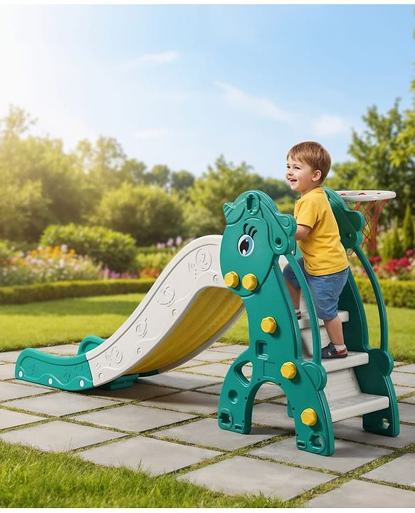 Babyhug 2-in-1 Penguine Slide With Basketball Hoop - Yellow & Blue| Smooth Slide Slide with Extended Landing| Indoor & Outdoor Active Play| Improves Motor Skills, Balance & Coordination| BIS Certified