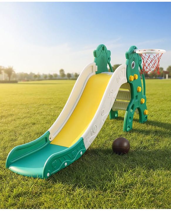 Babyhug 2-in-1 Penguine Slide With Basketball Hoop - Yellow & Blue| Smooth Slide Slide with Extended Landing| Indoor & Outdoor Active Play| Improves Motor Skills, Balance & Coordination| BIS Certified