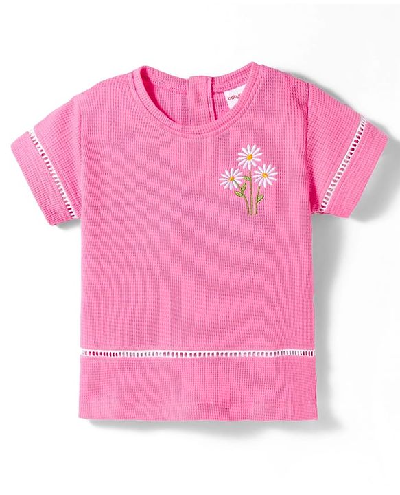 Babyhug Cotton Knit Half Sleeves Floral Embroidered Top - Pink