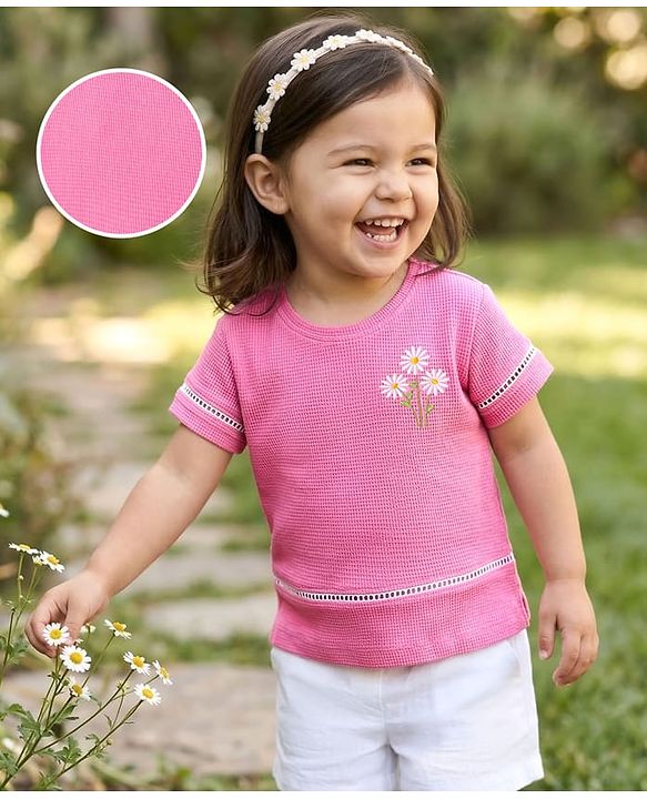 Babyhug Cotton Knit Half Sleeves Floral Embroidered Top - Pink