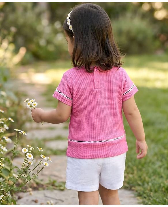 Babyhug Cotton Knit Half Sleeves Floral Embroidered Top - Pink
