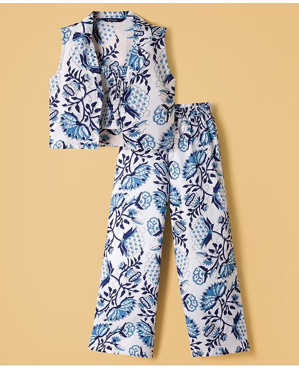 Pine Kids Viscose Woven Sleeveless Floral Printed Co-Ords  Indo Western Set - Blue & White