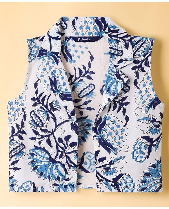 Pine Kids Viscose Woven Sleeveless Floral Printed Co-Ords  Indo Western Set - Blue & White