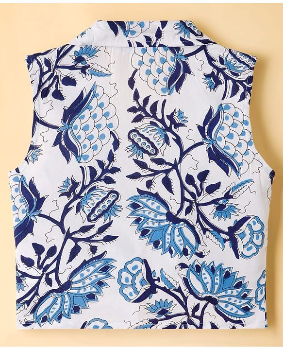 Pine Kids Viscose Woven Sleeveless Floral Printed Co-Ords  Indo Western Set - Blue & White