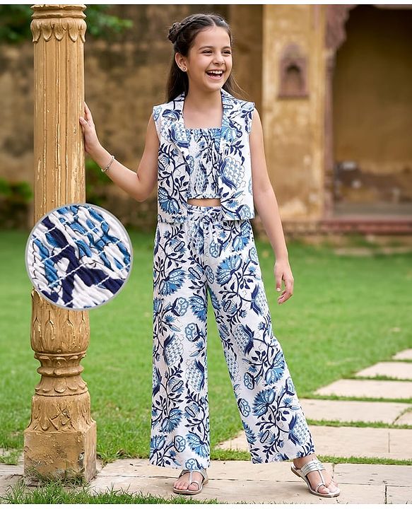 Pine Kids Viscose Woven Sleeveless Floral Printed Co-Ords  Indo Western Set - Blue & White