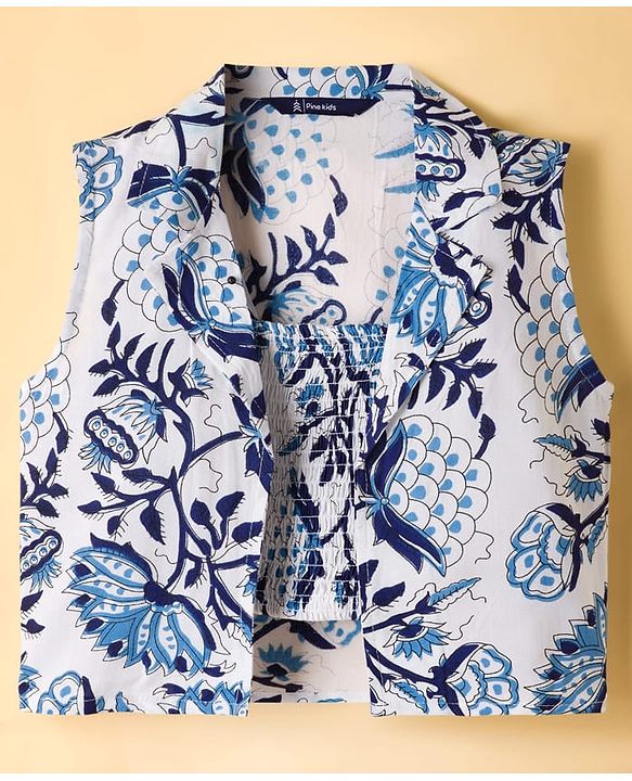 Pine Kids Viscose Woven Sleeveless Floral Printed Co-Ords  Indo Western Set - Blue & White