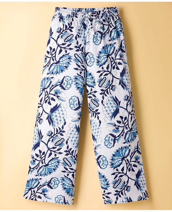 Pine Kids Viscose Woven Sleeveless Floral Printed Co-Ords  Indo Western Set - Blue & White