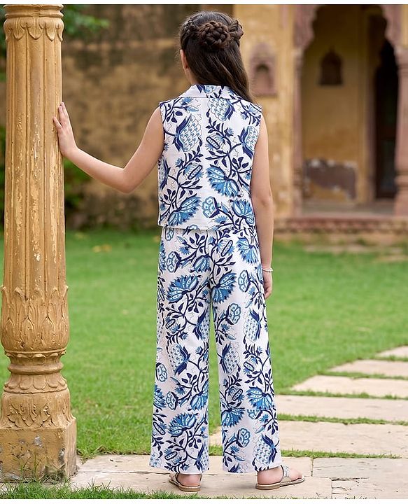 Pine Kids Viscose Woven Sleeveless Floral Printed Co-Ords  Indo Western Set - Blue & White