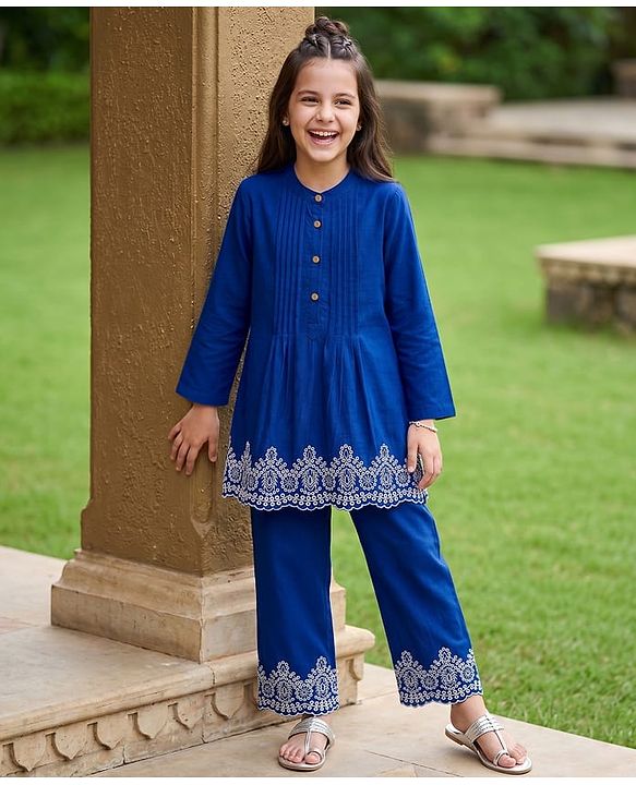 Pine Kids 100% Cotton Woven Full Sleeves Floral Embroidered Indo Western Set - Blue
