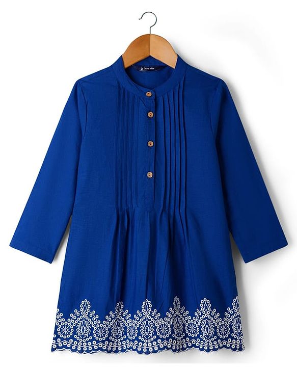 Pine Kids 100% Cotton Woven Full Sleeves Floral Embroidered Indo Western Set - Blue