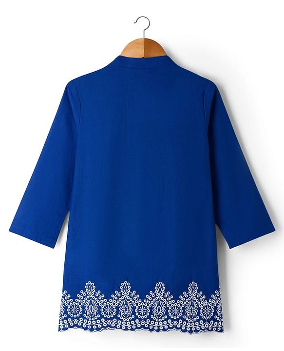 Pine Kids 100% Cotton Woven Full Sleeves Floral Embroidered Indo Western Set - Blue