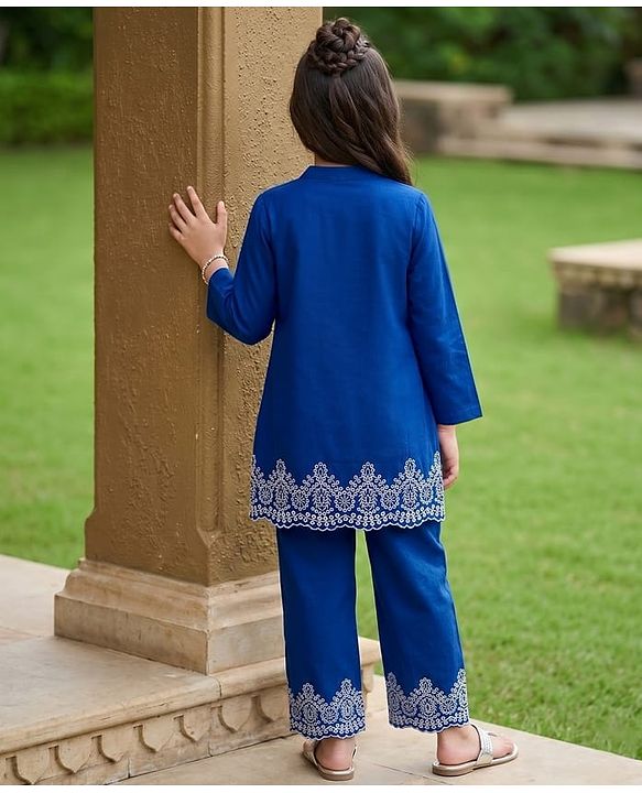 Pine Kids 100% Cotton Woven Full Sleeves Floral Embroidered Indo Western Set - Blue