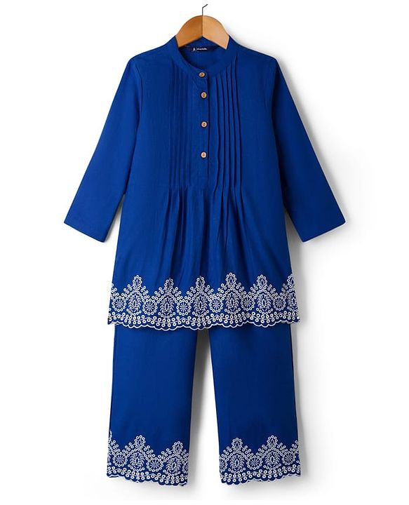 Pine Kids 100% Cotton Woven Full Sleeves Floral Embroidered Indo Western Set - Blue