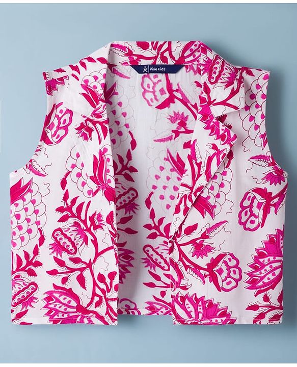Pine Kids Viscose Woven Sleeveless Floral Printed Co-Ords  Indo Western Set - Pink & White