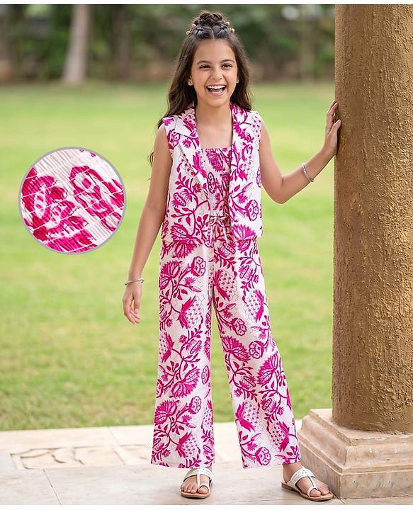 Pine Kids Viscose Woven Sleeveless Floral Printed Co-Ords  Indo Western Set - Pink & White