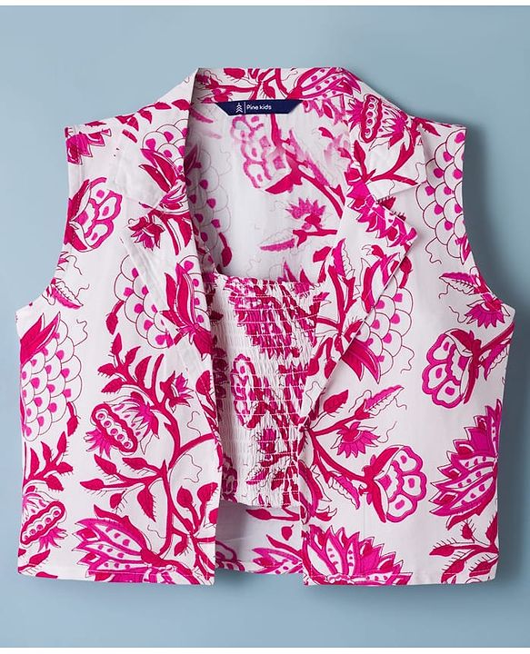 Pine Kids Viscose Woven Sleeveless Floral Printed Co-Ords  Indo Western Set - Pink & White