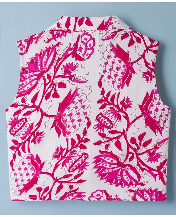 Pine Kids Viscose Woven Sleeveless Floral Printed Co-Ords  Indo Western Set - Pink & White
