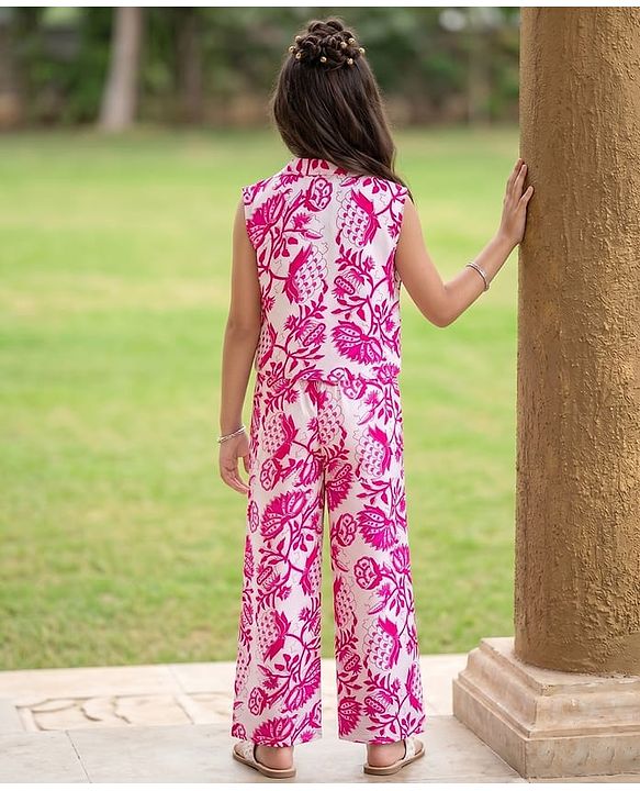 Pine Kids Viscose Woven Sleeveless Floral Printed Co-Ords  Indo Western Set - Pink & White