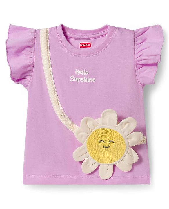 Babyhug Cotton Knit Half Frill Sleeves Floral Applique Top - Mauve