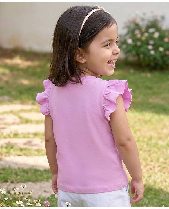 Babyhug Cotton Knit Half Frill Sleeves Floral Applique Top - Mauve
