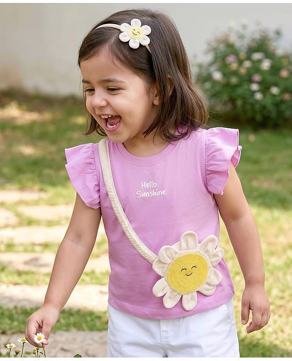 Babyhug Cotton Knit Half Frill Sleeves Floral Applique Top - Mauve