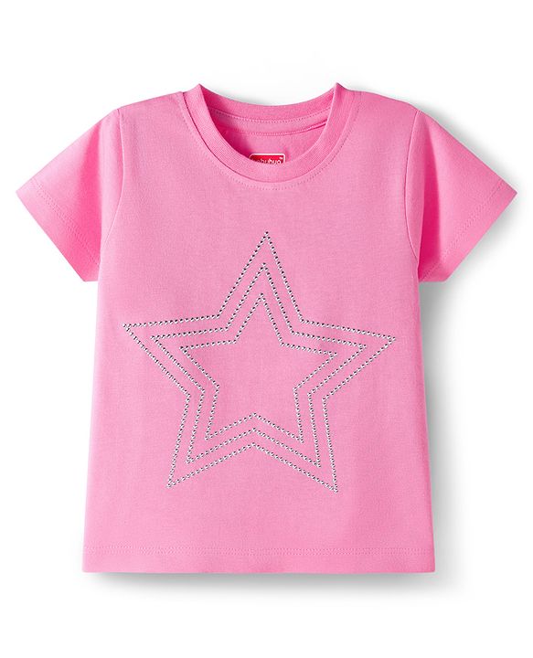 Babyhug Cotton Knit Half Sleeves Rhinestone Star Design Top -Pink