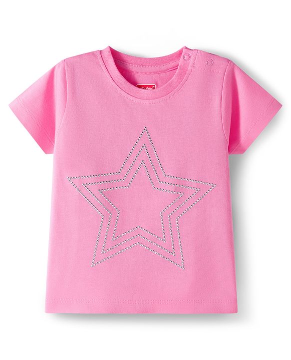 Babyhug Cotton Knit Half Sleeves Rhinestone Star Design Top -Pink