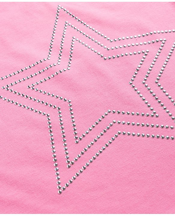 Babyhug Cotton Knit Half Sleeves Rhinestone Star Design Top -Pink