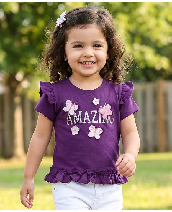 Babyhug Cotton Knit Half Sleeves Top With Floral & Butterfly Applique - Purple