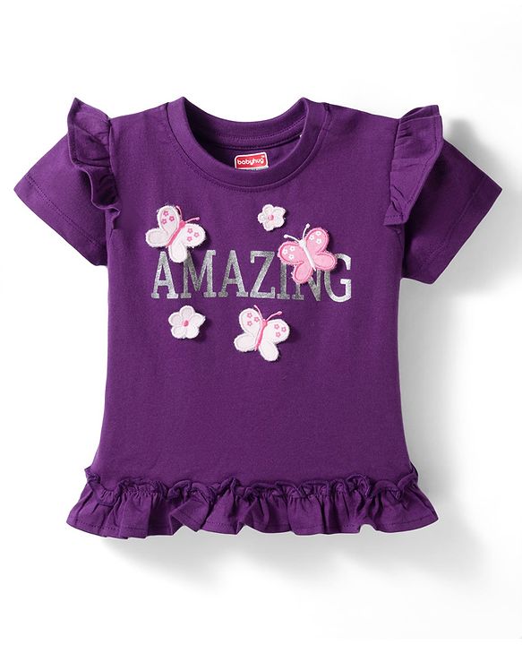 Babyhug Cotton Knit Half Sleeves Top With Floral & Butterfly Applique - Purple