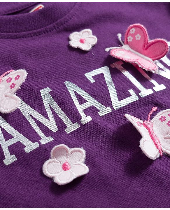 Babyhug Cotton Knit Half Sleeves Top With Floral & Butterfly Applique - Purple