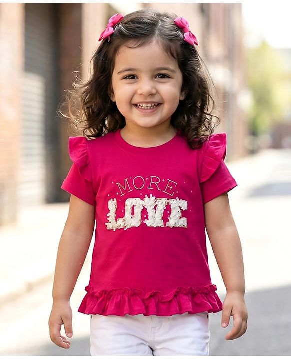 Babyhug Cotton Knit Half Sleeves Top With Embroidery & Applique - Dark Pink