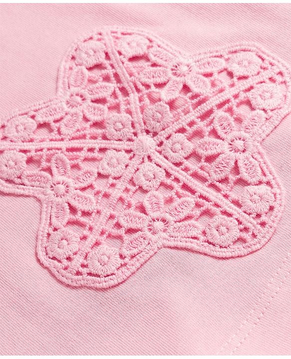 Babyhug 100% Cotton Knit Half Frill Sleeves Top With Floral Embroidery Detailing - Pink