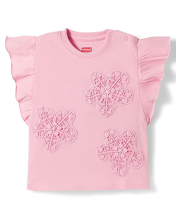 Babyhug 100% Cotton Knit Half Frill Sleeves Top With Floral Embroidery Detailing - Pink