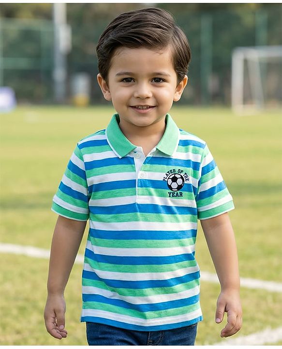 Babyhug Cotton Knit Half Sleeves Striped Polo T-Shirt with Football Player of the Year Embroidery - White Blue & Green