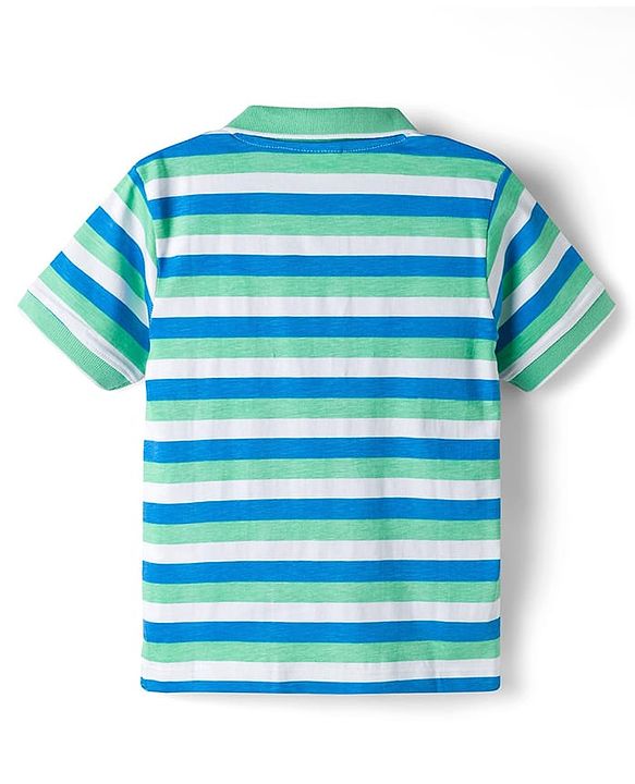 Babyhug Cotton Knit Half Sleeves Striped Polo T-Shirt with Football Player of the Year Embroidery - White Blue & Green