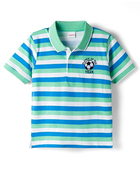 Babyhug Cotton Knit Half Sleeves Striped Polo T-Shirt with Football Player of the Year Embroidery - White Blue & Green