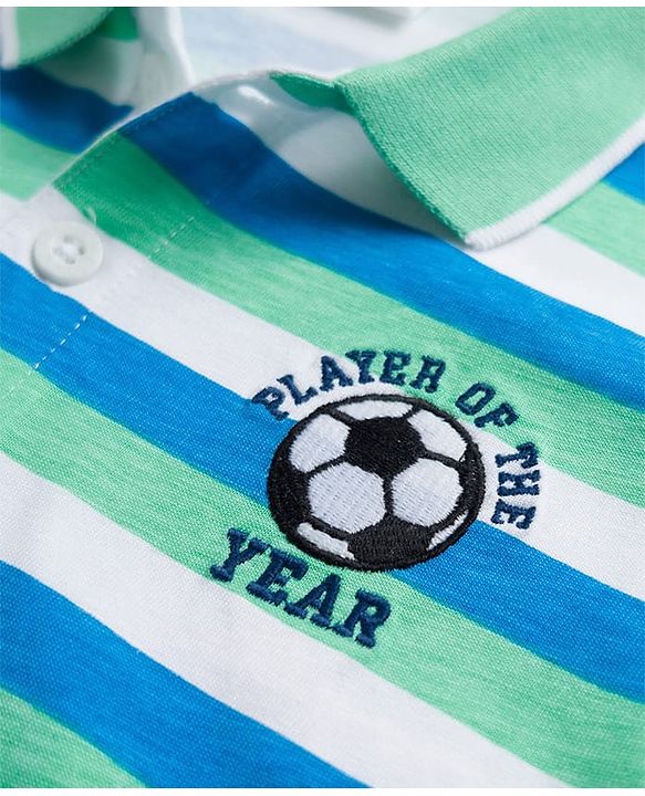 Babyhug Cotton Knit Half Sleeves Striped Polo T-Shirt with Football Player of the Year Embroidery - White Blue & Green
